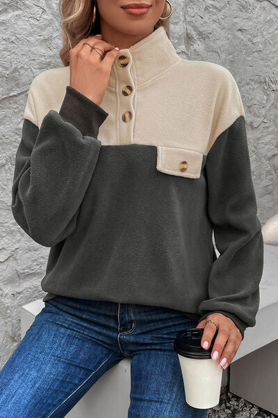 Color Block Quarter Button Dropped Shoulder Sweatshirt Shop One Place