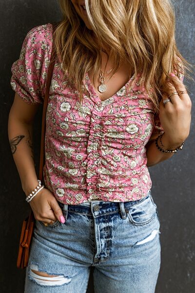 Ruched Printed Puff Sleeve Blouse Shop One Place
