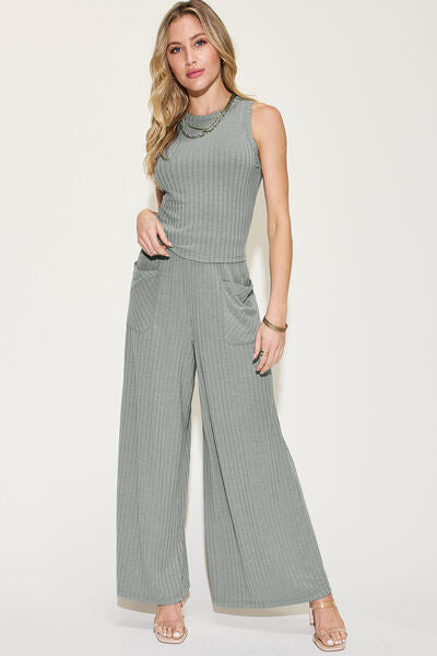 Basic Bae Full Size Ribbed Tank and Wide Leg Pants Set Shop One Place