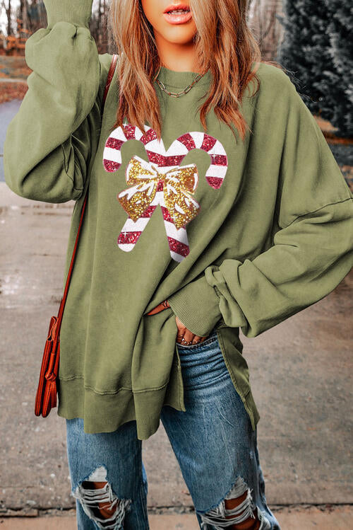 Sequin Candy Cane Round Neck Slit Sweatshirt Shop One Place