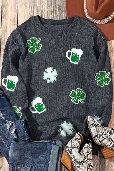 Lucky Clover Beer Sequin Round Neck Sweatshirt Shop One Place