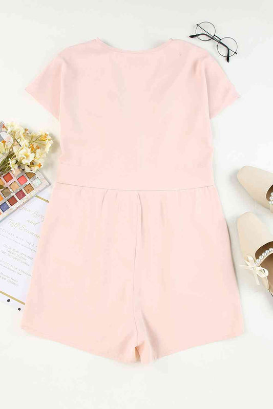 Buttoned V-Neck Short Sleeve Romper Shop One Place