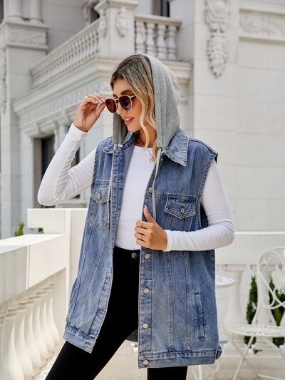 Drawstring Pocketed Button Up Sleeveless Denim Jacket Shop One Place