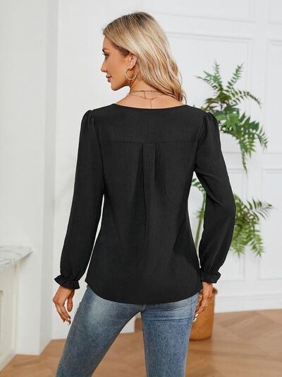 Notched Flounce Sleeve Blouse Shop One Place
