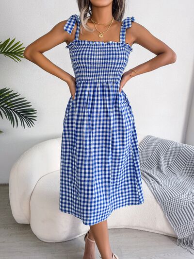 Frill Plaid Square Neck Midi Dress Shop One Place