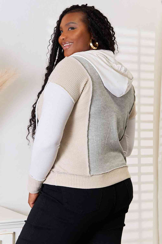 Double Take Color Block Exposed Seam Drawstring Hoodie Shop One Place