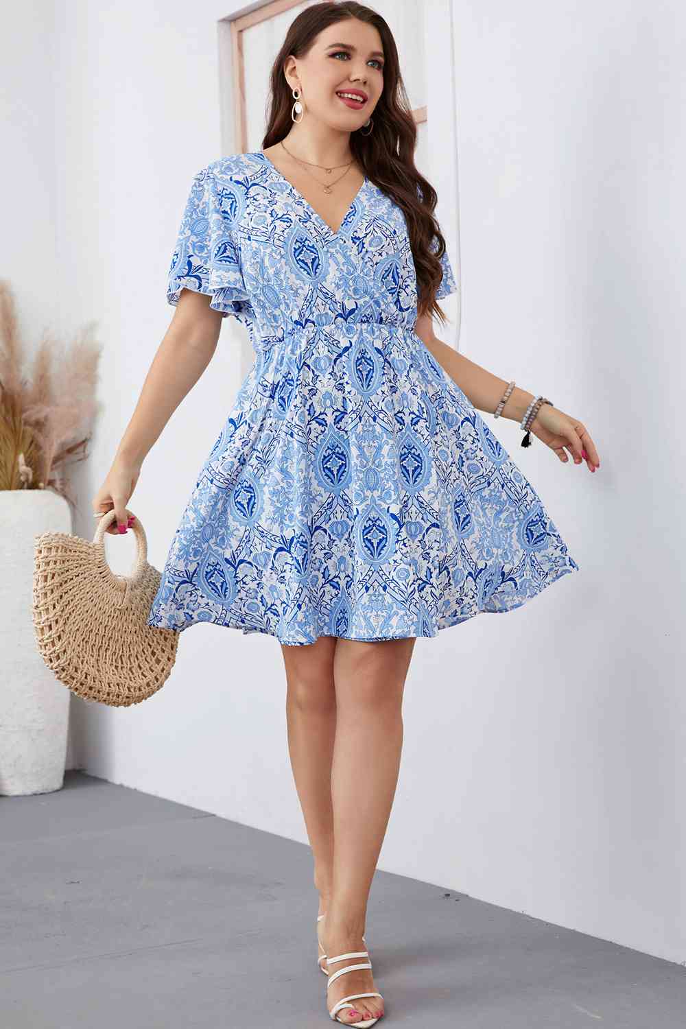 Plus Size Surplice Neck Flutter Sleeve Dress Shop One Place