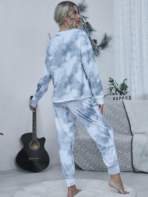 Tie-dye Round Neck Top and Drawstring Pants Lounge Set Shop One Place