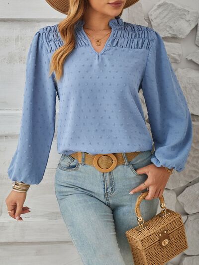 Ruched Swiss Dot Notched Balloon Sleeve T-Shirt Shop One Place