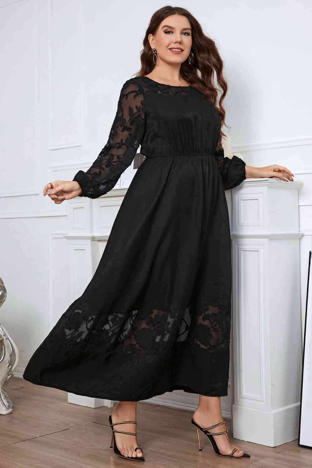 Melo Apparel Plus Size Embroidery Round Neck Long Sleeve Maxi Dress Shop One Place