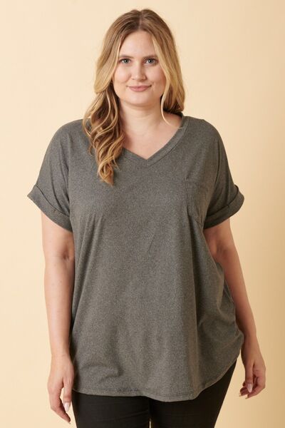 Mittoshop Full Size V-Neck Rolled Short Sleeve T-Shirt Shop One Place