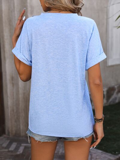 Notched Buttoned Short Sleeve T-Shirt Shop One Place