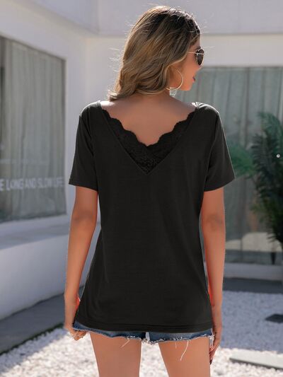 Lace Detail V-Neck Short Sleeve T-Shirt Shop One Place