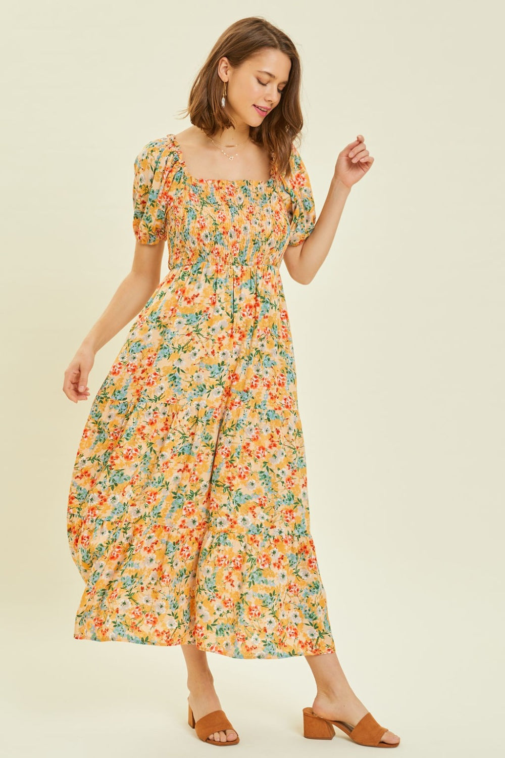 HEYSON Full Size Floral Smocked Tiered Midi Dress Shop One Place