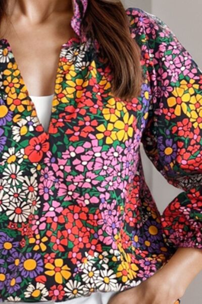 Floral Johnny Collar Balloon Sleeve Blouse Shop One Place