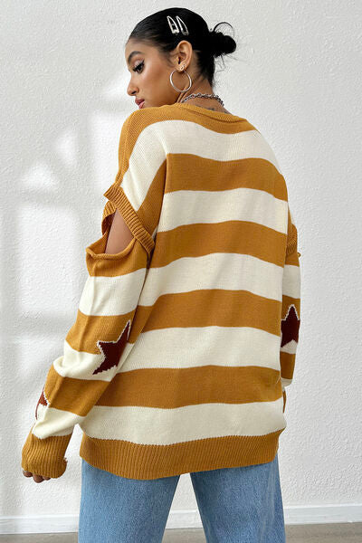 Star Pattern V-Neck Cutout Sweater Shop One Place