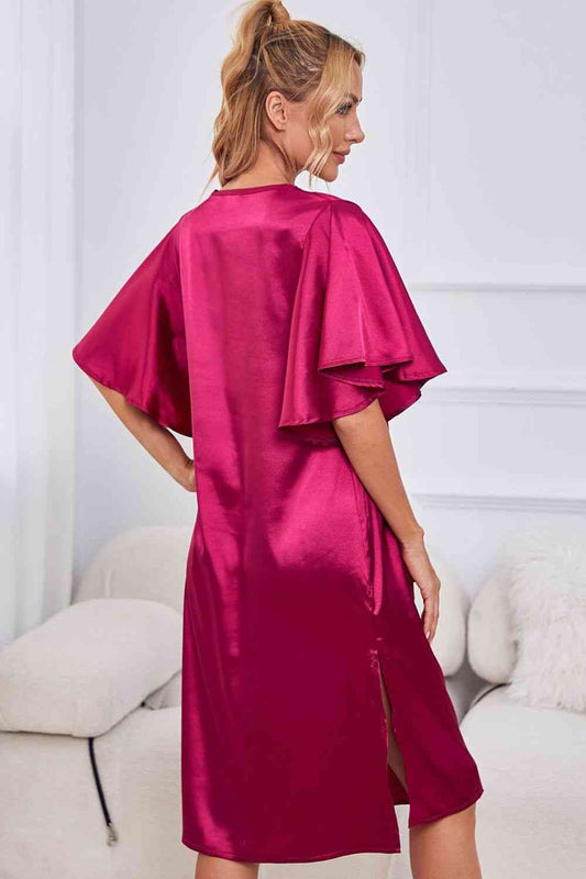 Satin Flutter Sleeve Side Slit V-Neck Night Dress Shop One Place