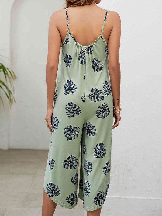 Botanical Print Spaghetti Strap Scoop Neck Jumpsuit Shop One Place
