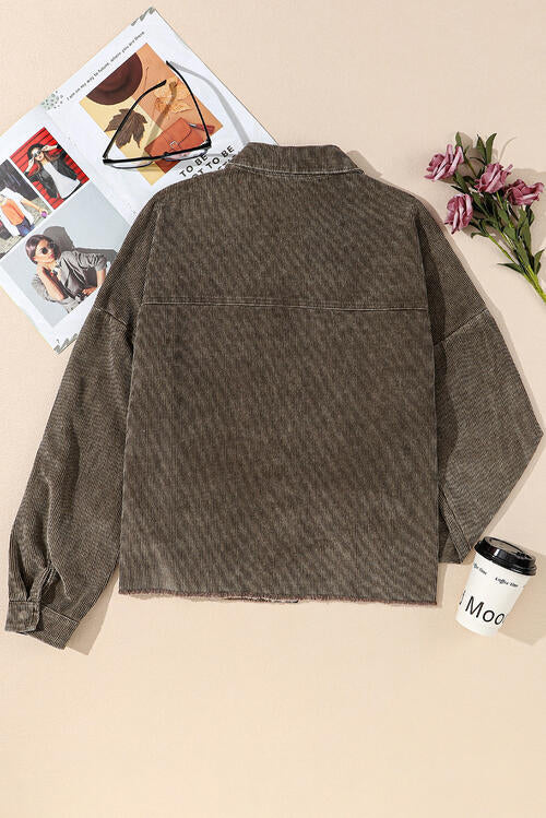 Snap Down Pocketed Collared Neck Jacket Shop One Place