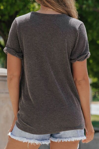 Textured V-Neck Short Sleeve T-Shirt Shop One Place