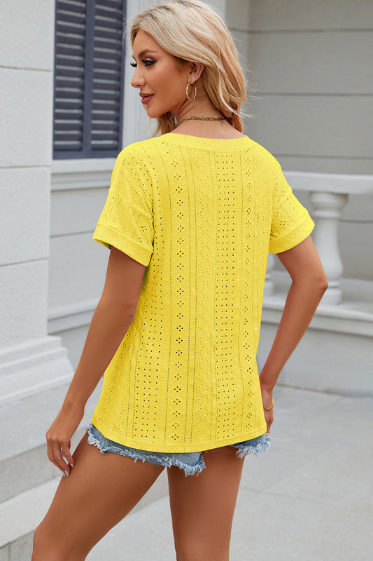Eyelet V-Neck Short Sleeve T-Shirt Shop One Place