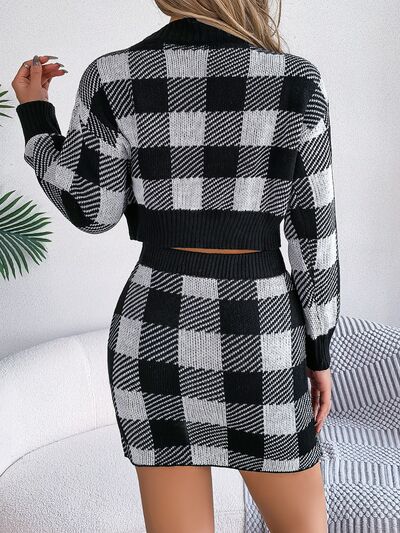 Plaid Round Neck Top and Skirt Sweater Set Shop One Place