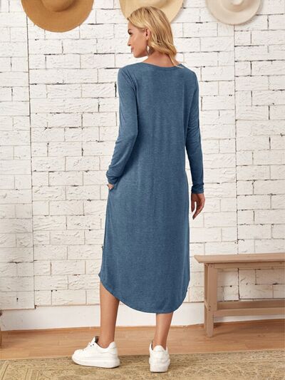 Pocketed Round Neck Long Sleeve Tee Dress Shop One Place