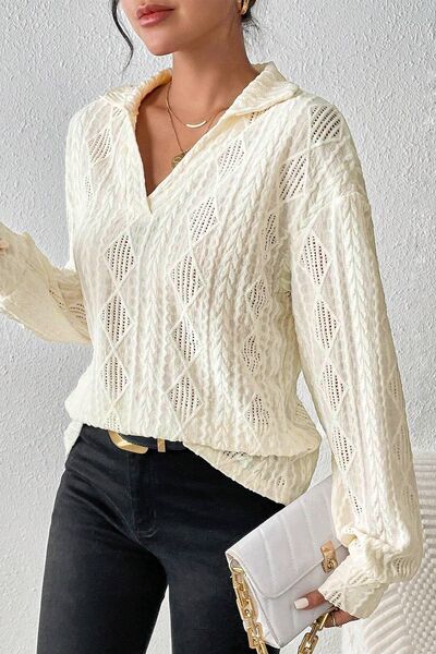 Eyelet Johnny Collar Dropped Shoulder Blouse Shop One Place