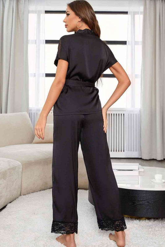 Surplice Neck Tie Waist Top and Pants Pajama Set Shop One Place