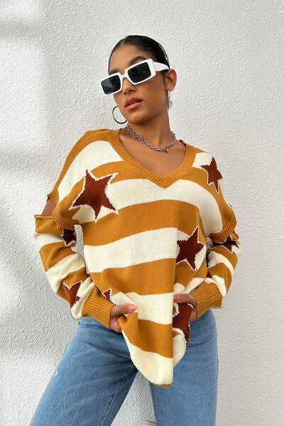 Star Pattern V-Neck Cutout Sweater Shop One Place