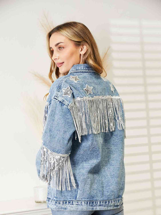 Fringe Detail Long Sleeve Denim Jacket Shop One Place