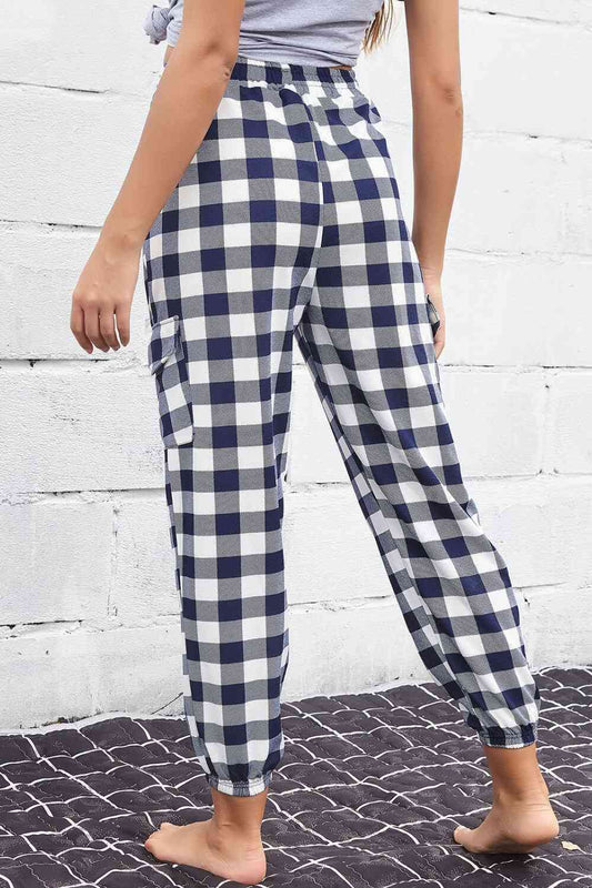 Plaid Elastic High Waist Cargo Pants Shop One Place