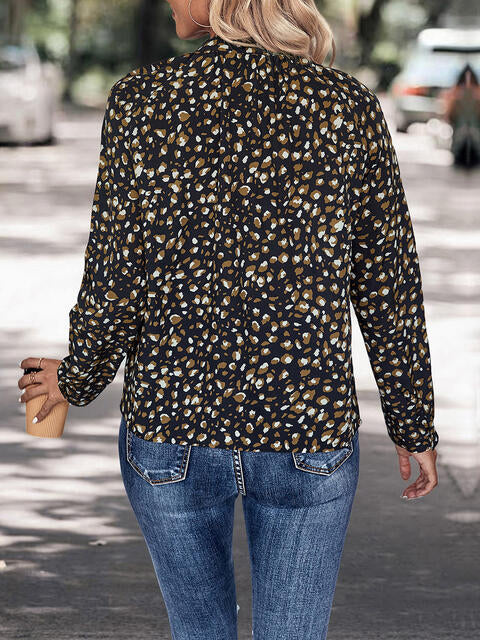 Printed Tie Neck Long Sleeve Top Shop One Place