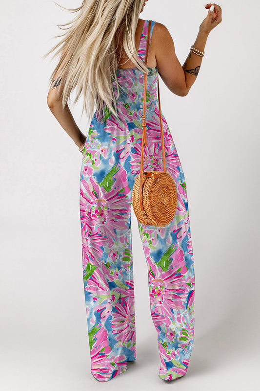 Floral Smocked Square Neck Jumpsuit with Pockets Shop One Place