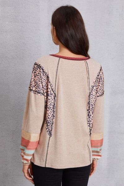 Contrast Stitching Leopard Long Sleeve Blouse Shop One Place