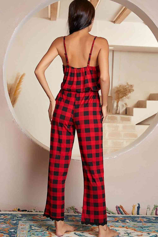 Plaid Lace Trim Spaghetti Strap Jumpsuit Shop One Place