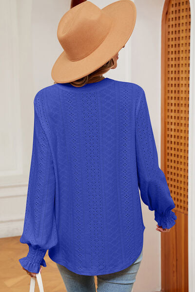 Eyelet Notched Long Sleeve T-Shirt Shop One Place