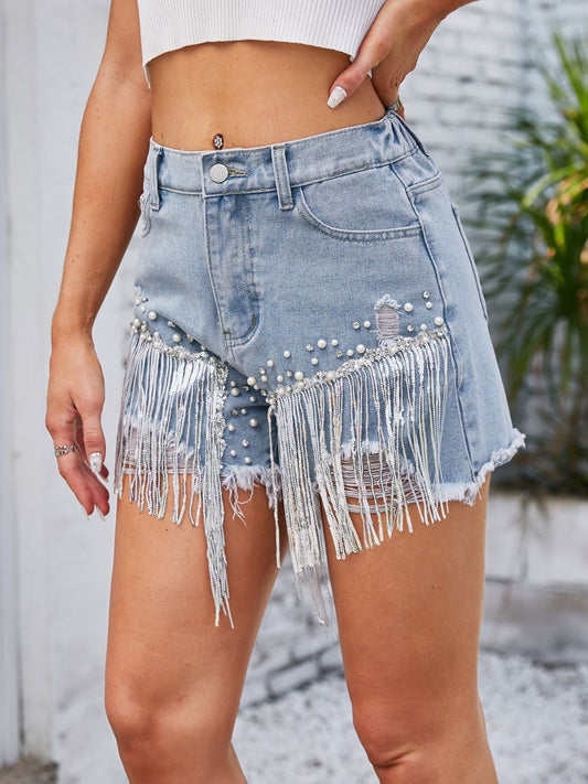 Distressed Pearl Trim Denim Shorts with Pockets Shop One Place