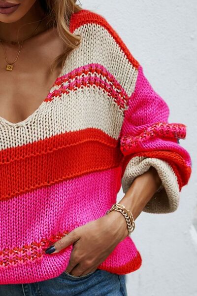 Color Block V-Neck Dropped Shoulder Sweater Shop One Place