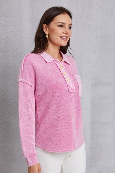 Quarter Button Dropped Shoulder Sweatshirt Shop One Place