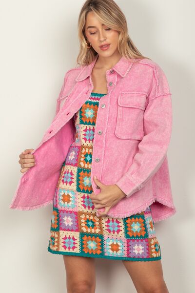 VERY J Full Size Button Up Raw Hem Long Sleeve Jacket Shop One Place