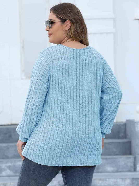 Plus Size Ribbed V-Neck Long Sleeve Top Shop One Place