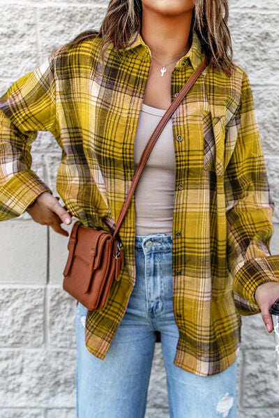 Pocketed Plaid Button Up Long Sleeve Shirt Shop One Place