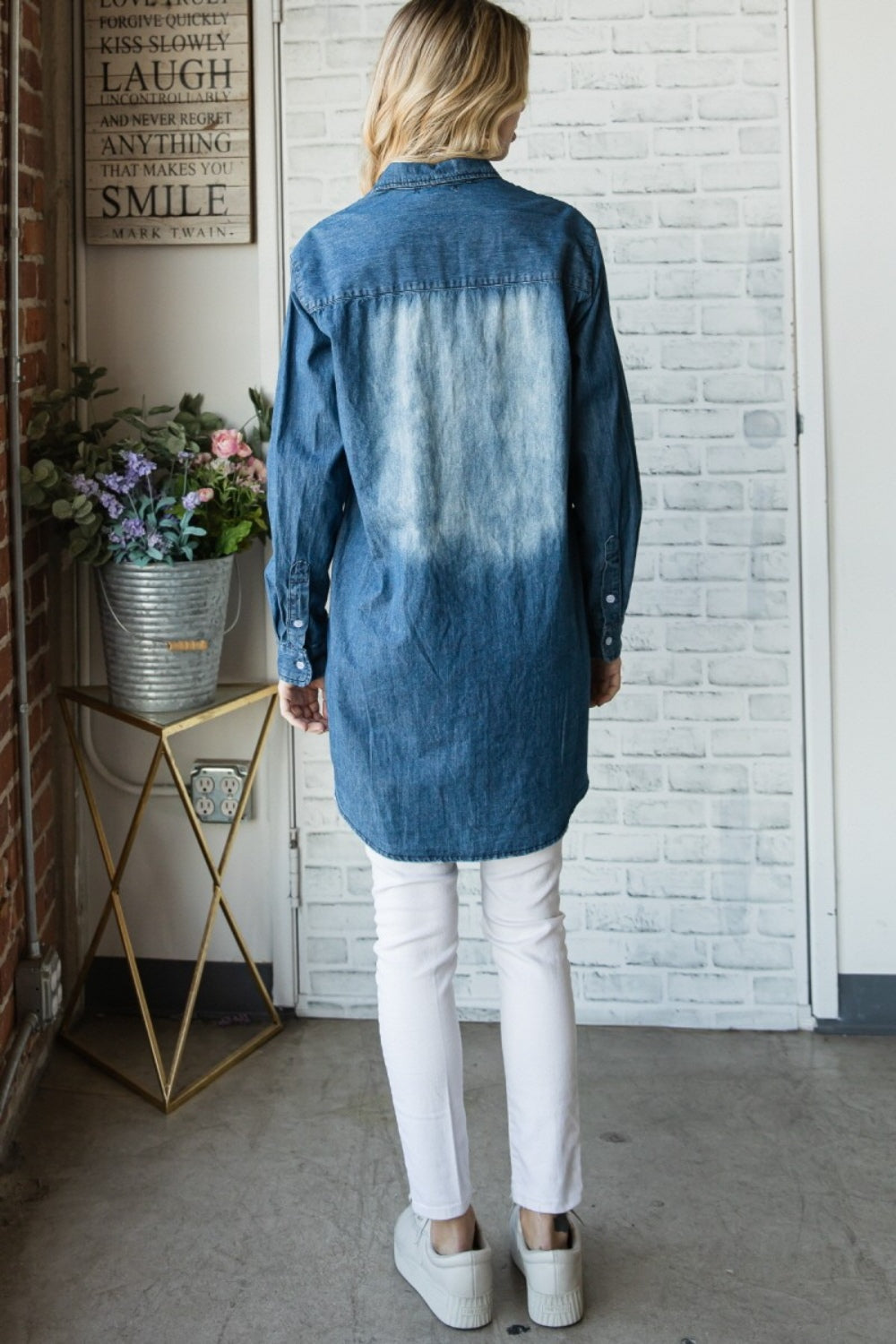 Veveret Pocketed Button Up Washed Denim Shirt Shop One Place