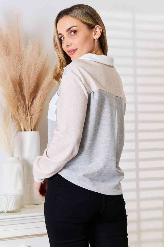 Double Take Color Block Curved Hem Shirt Shop One Place