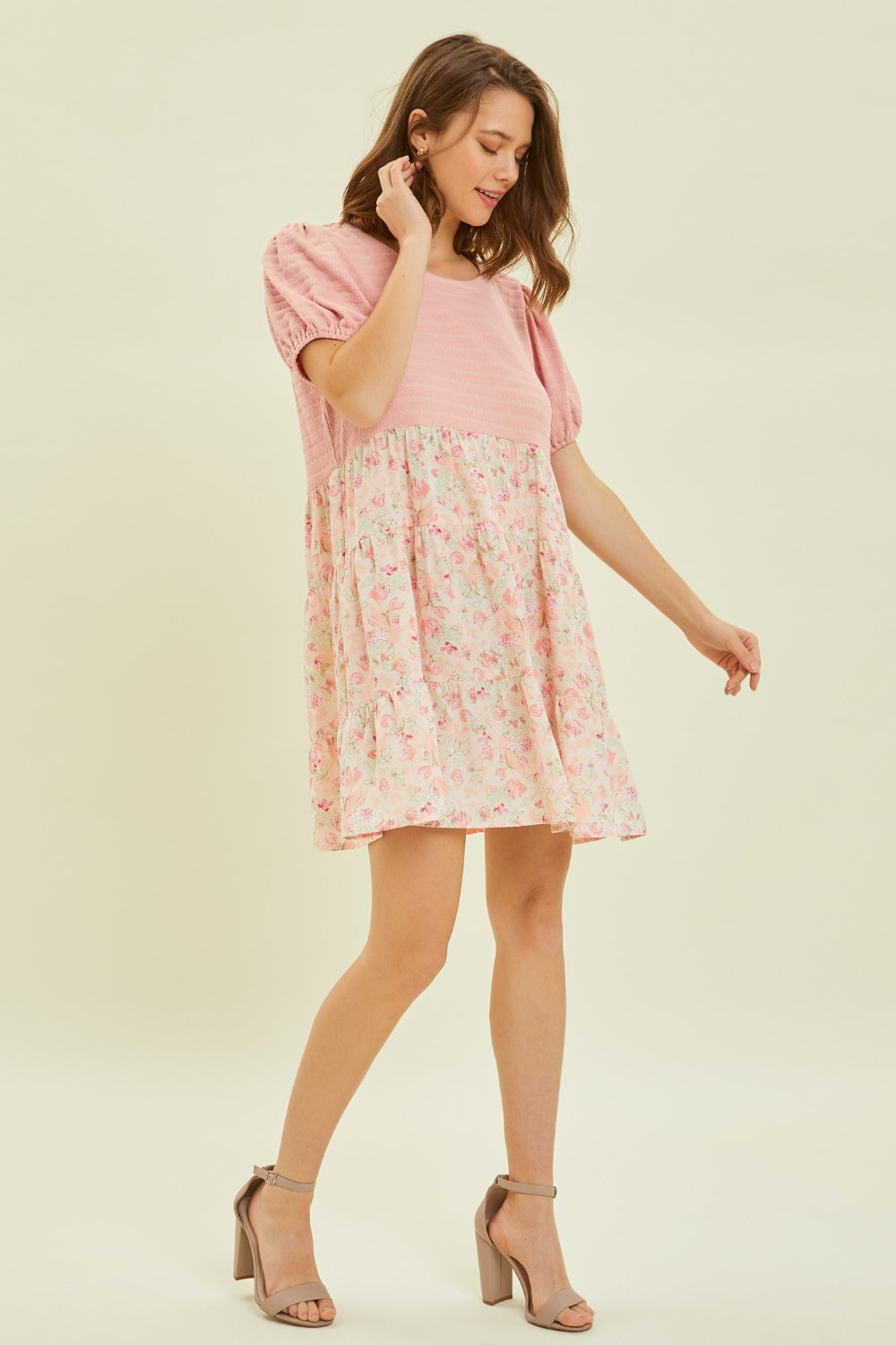 HEYSON Full Size Round Neck Floral Ruffle Hem Mini Dress Shop One Place