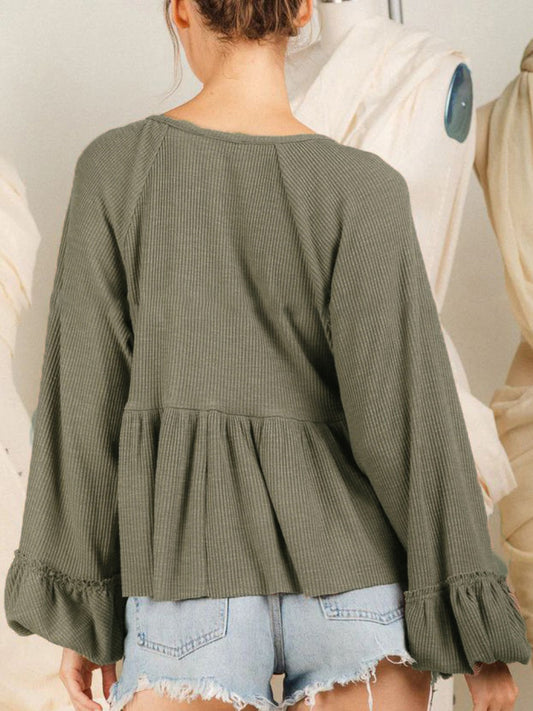 Notched Balloon Sleeve Peplum Blouse Shop One Place