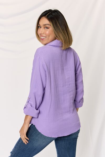 Zenana Texture Button Up Raw Hem Long Sleeve Shirt Shop One Place