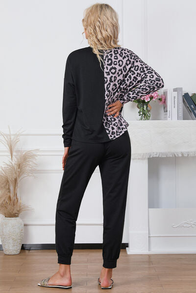 Leopard Round Neck Top and Drawstring Pants Lounge Set Shop One Place