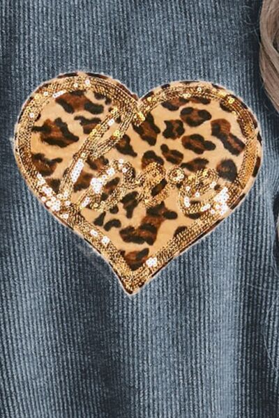 Heart Leopard Sequin Round Neck Sweatshirt Shop One Place
